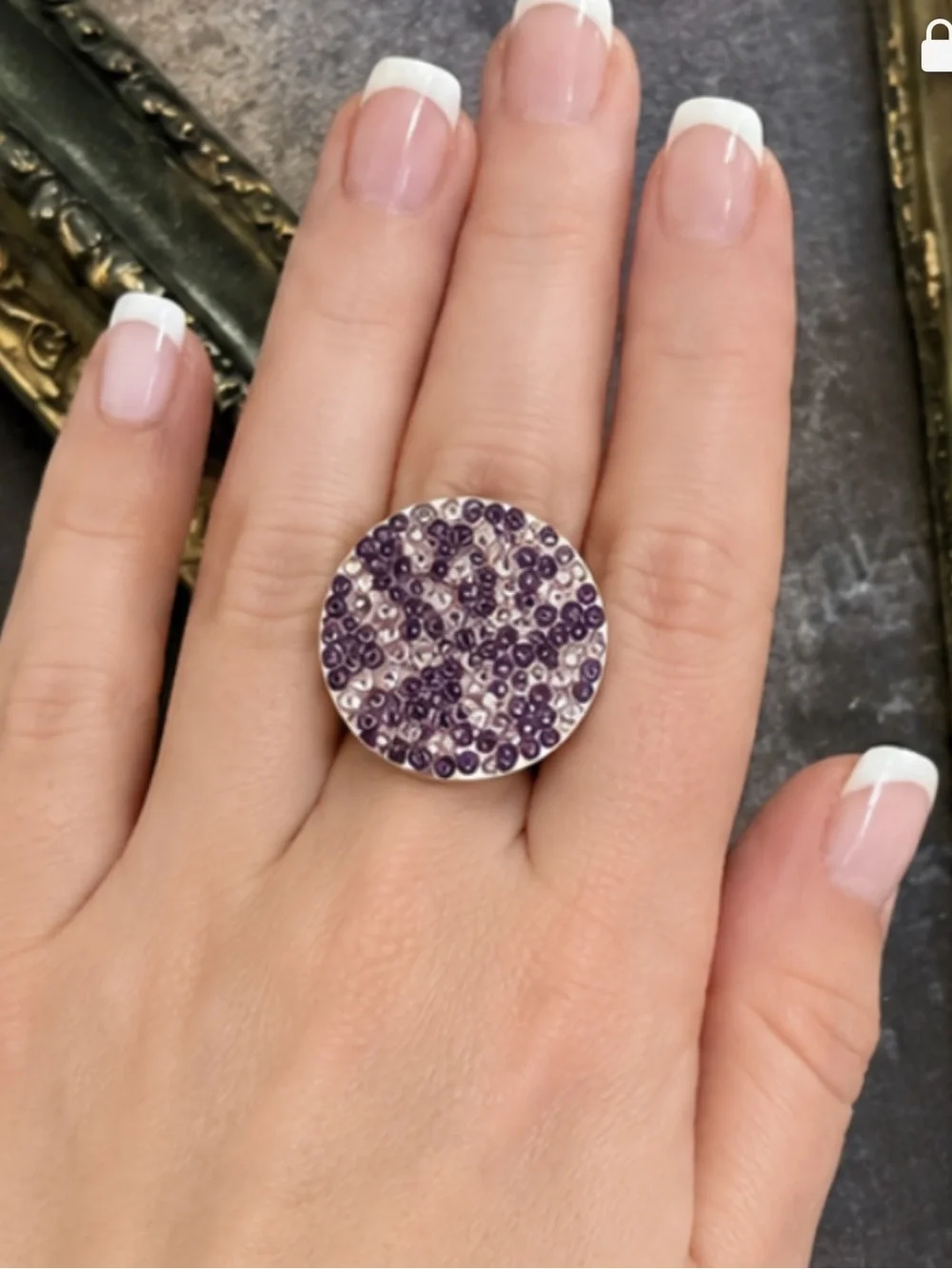 COACH • Purple Lavender Crystal Rhinestone Signature Logo Statement Ring